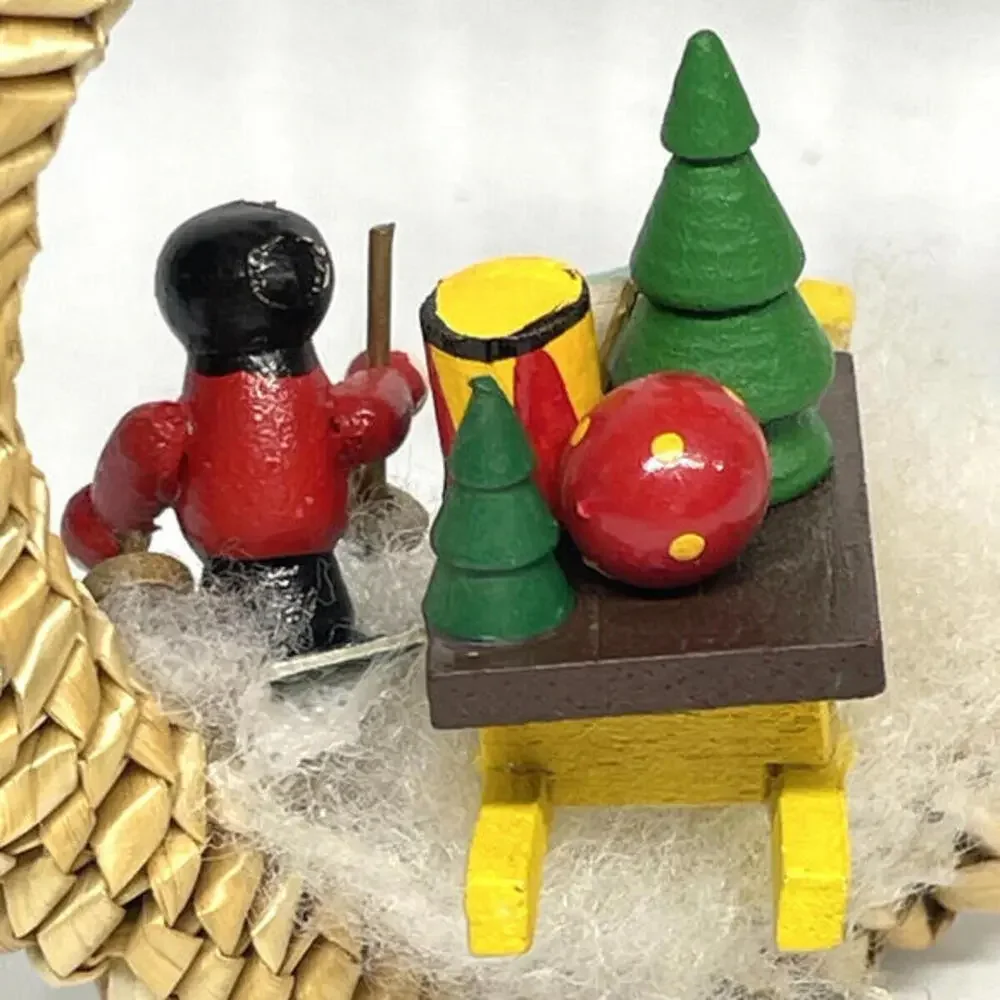 Wooden‎ Skier and Sled in Wicker Wreath Christmas Ornament Vintage
